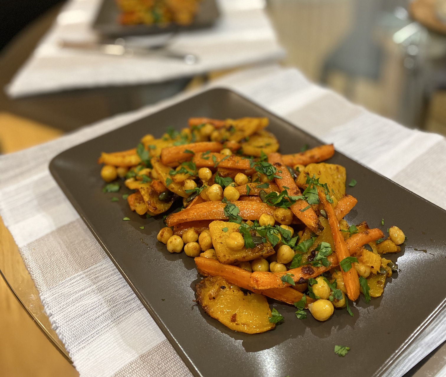 Harissa roasted squash, carrot and chickpeas