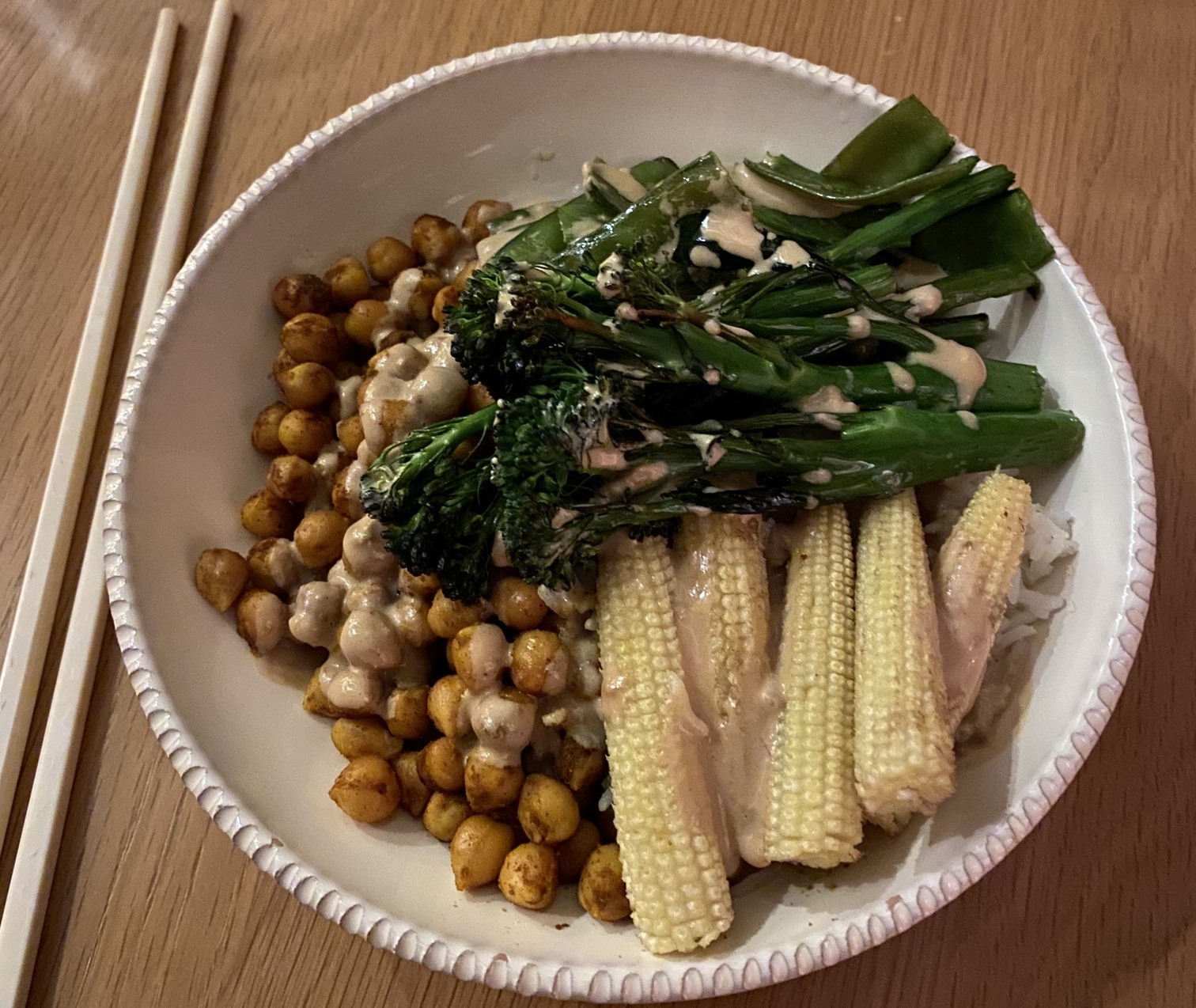 Vegetable chickpea rice bowl with tahini sauce